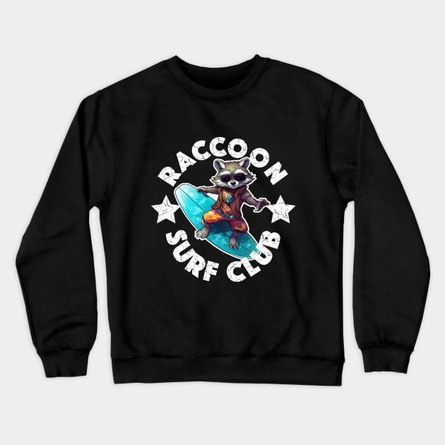 Raccoon Surfing - Surf Club (White Lettering) Crewneck Sweatshirt by VelvetRoom